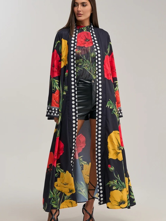 AKIRA Other - Akira Black Floral Maxi Duster Resort Cover Up Red & Yellow Poppies Size L XL